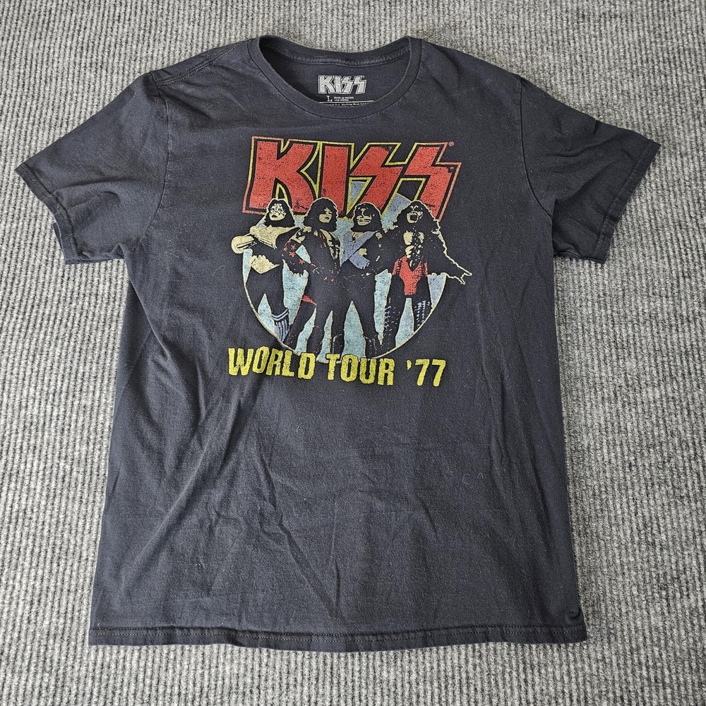 KISS World Tour '77 Shirt Mens Large‎ Black Graphic Band Tee Rock Music